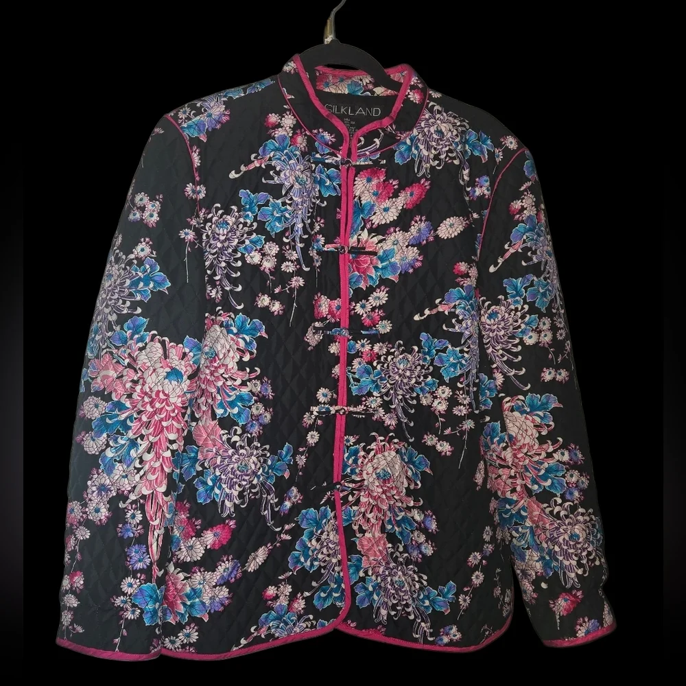 SilkLand Vibrant Floral Silk Coat, Beading, Artsy, Asain, Size XL - Picture 2 of 9